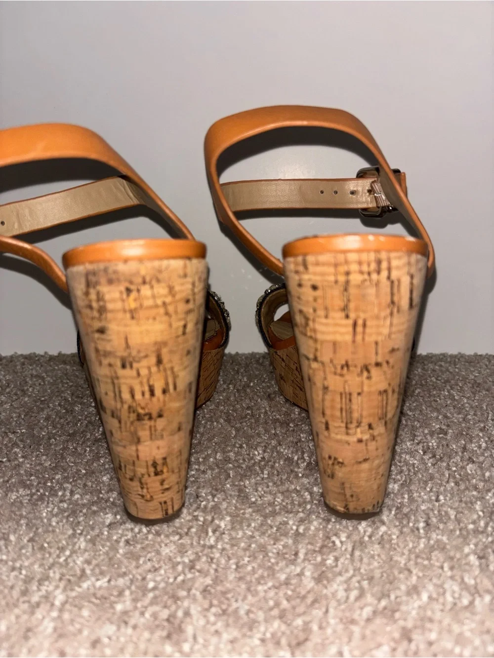 ANTONIO MELANI Tan Wedge Sandals with Navy Jeweled Front Strap
